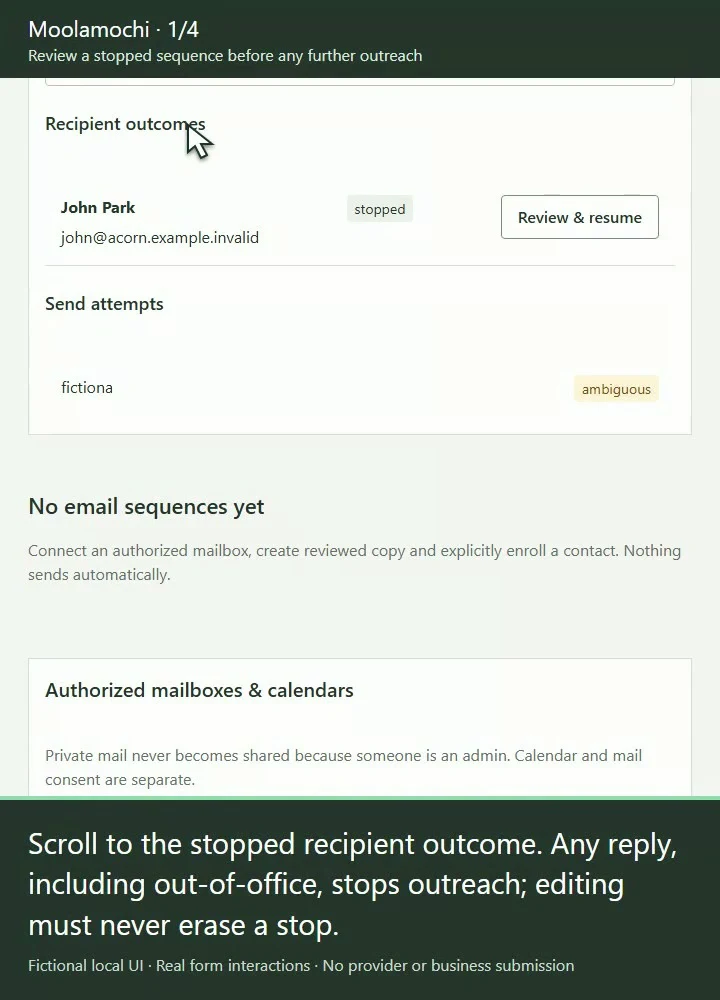 Native outreach sequence tutorial showing John Park’s stopped enrollment and review controls, without sending or resuming.
