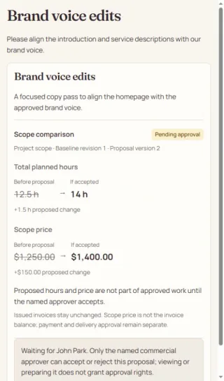 Brand voice edits, a proposed 1.5-hour, $150 addition awaiting approval.