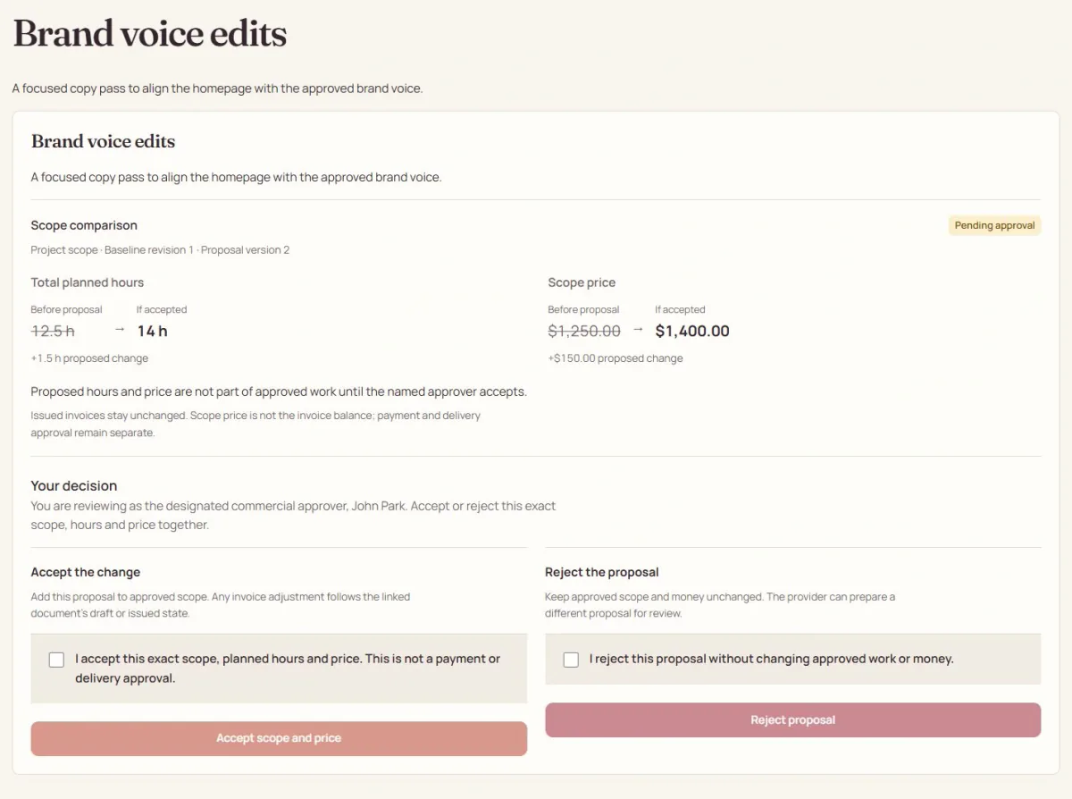 The client portal with an exact-version scope proposal and separate approval controls.