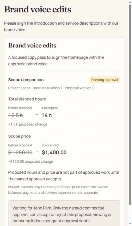 Brand voice edits, a proposed 1.5-hour, $150 addition awaiting approval.