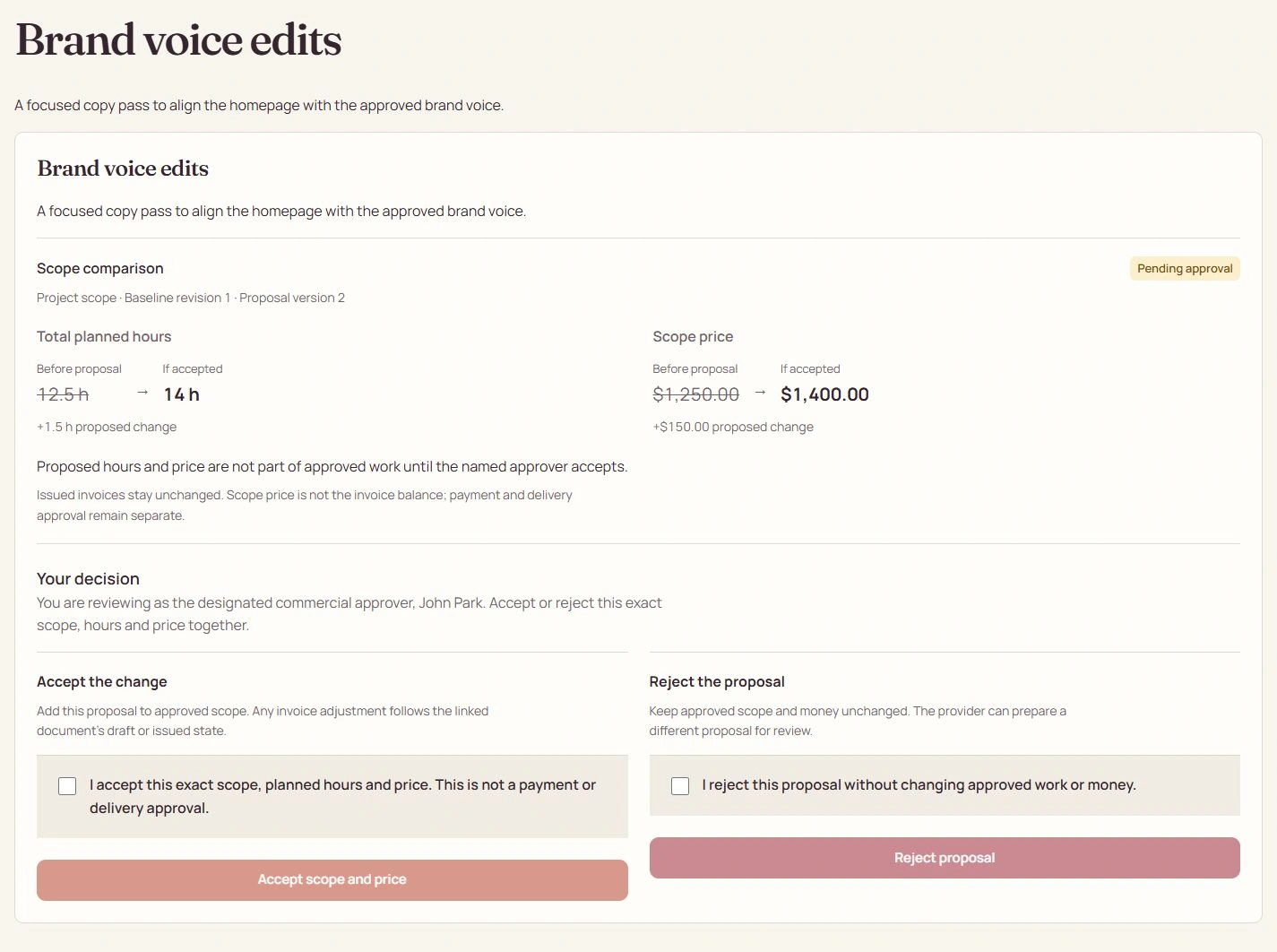 The client portal with an exact-version scope proposal and separate approval controls.