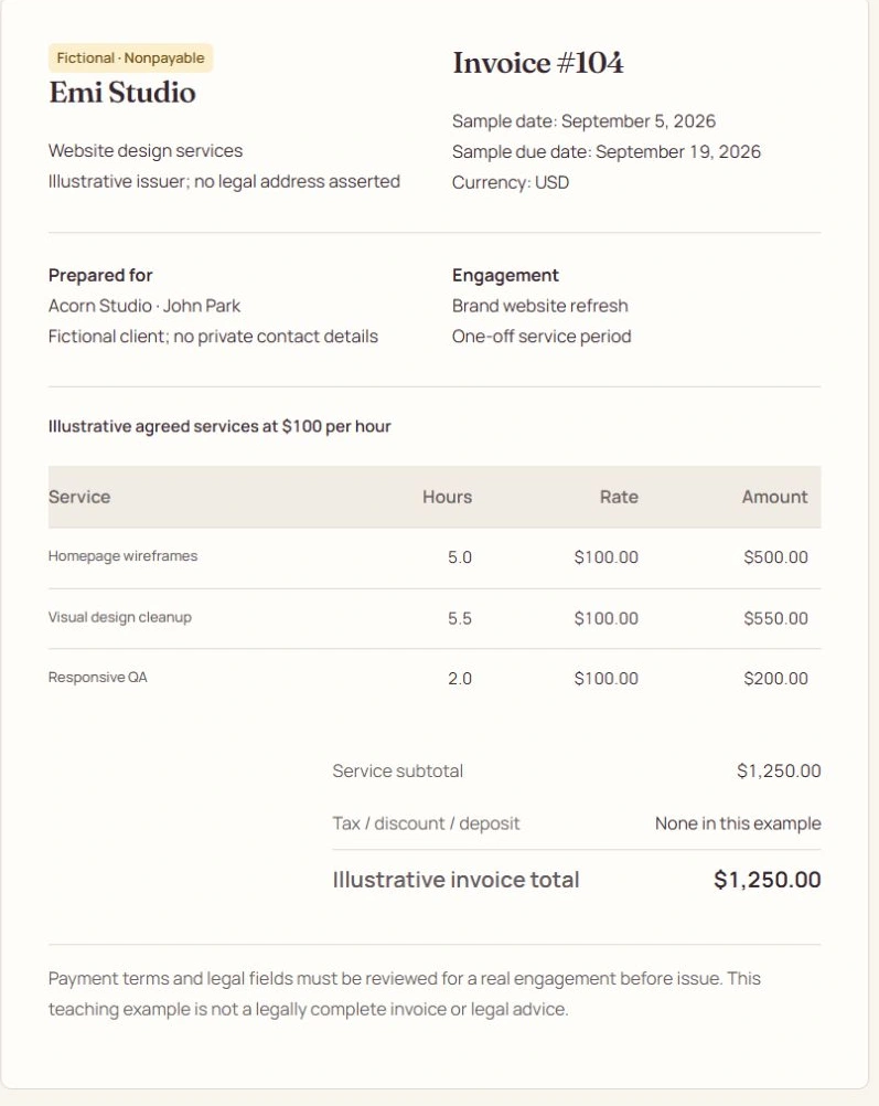 Invoice 104 for Acorn Studio: three services totaling $1,250.