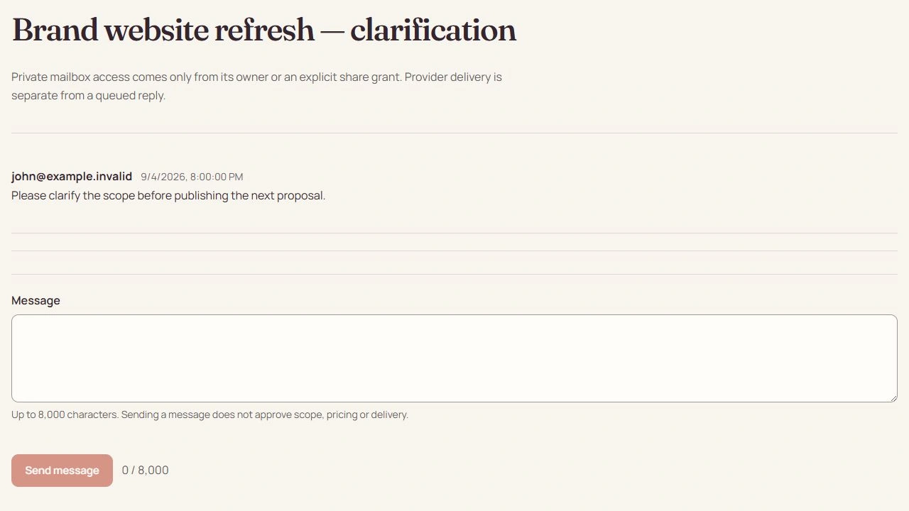 The private mailbox with a scope clarification conversation and reply composer.