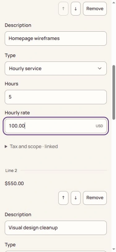 The native mobile invoice editor with editable service fields and a draft save action.