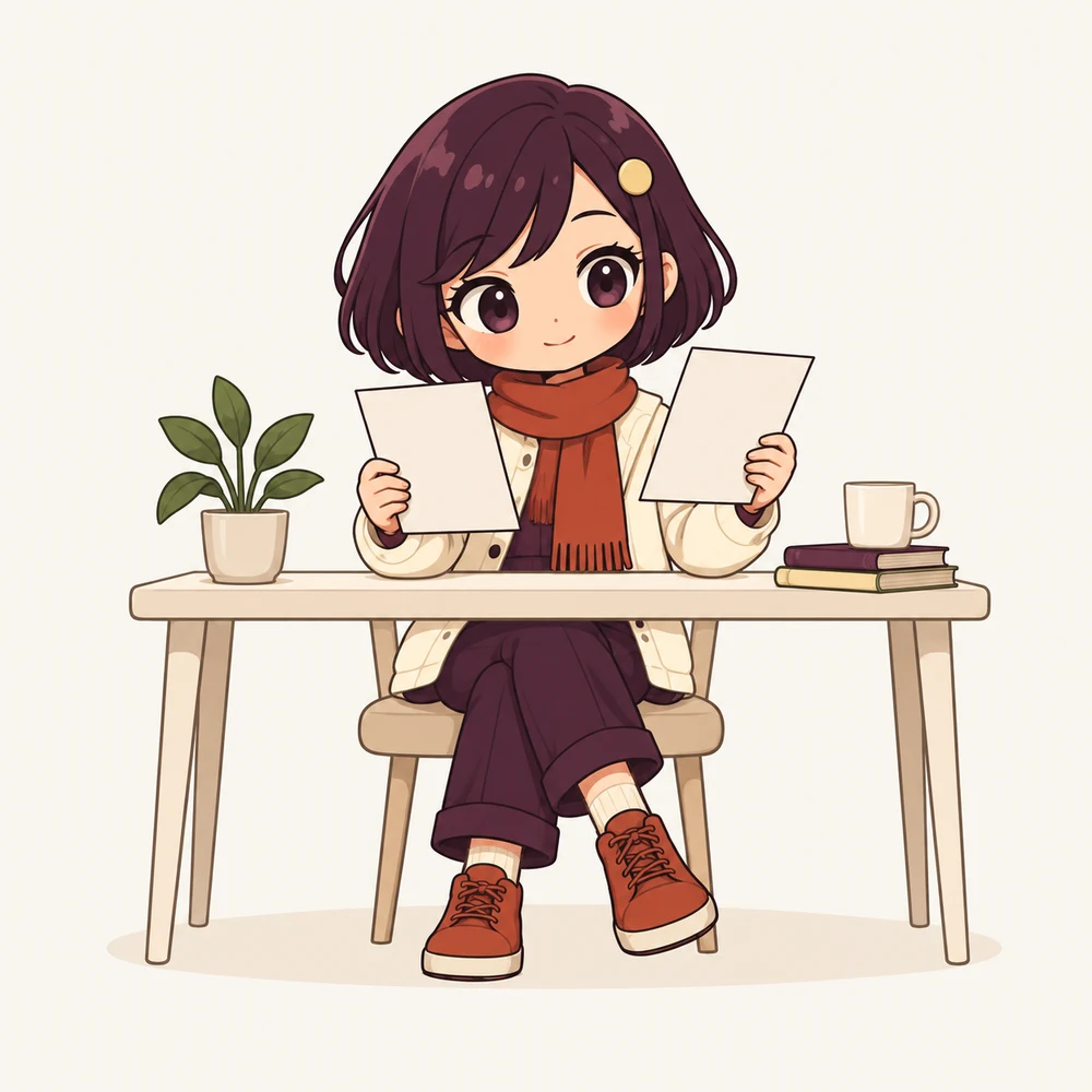 Moolamochi’s mascot comparing two documents at her desk.
